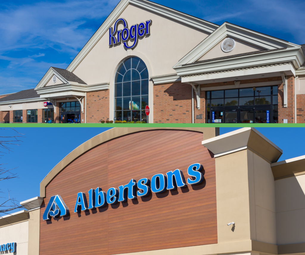 front of Kroger grocery store building with green border and Albertsons food store shop under 