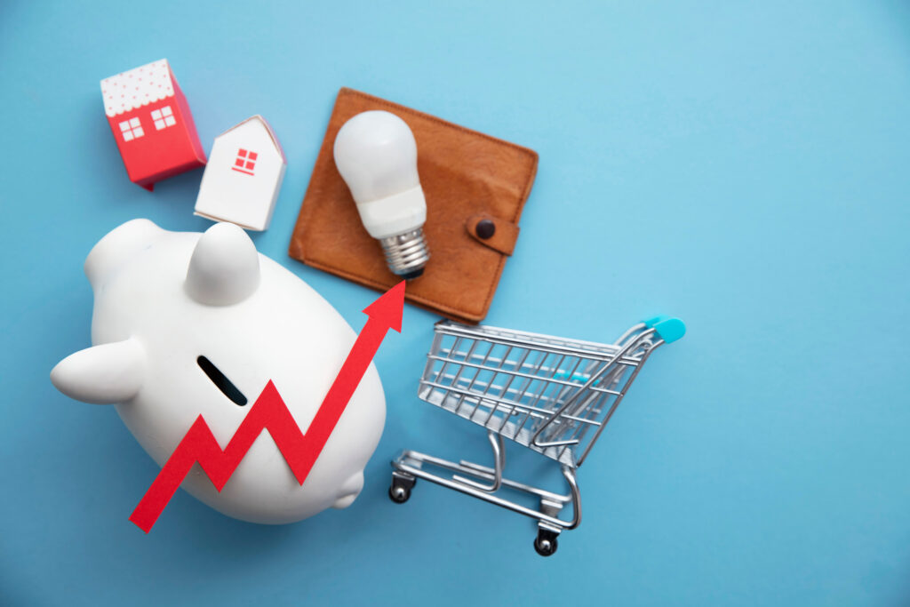 Piggy bank, grocery shopping cart, light bulb, wallet, house with red arrow pointing upward indicating inflation rate and financial hardship