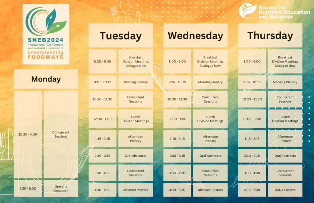 SNEB International conference understanding foodways schedule with monday tuesday wednesday thursday in bold and breakout schedule listed below 