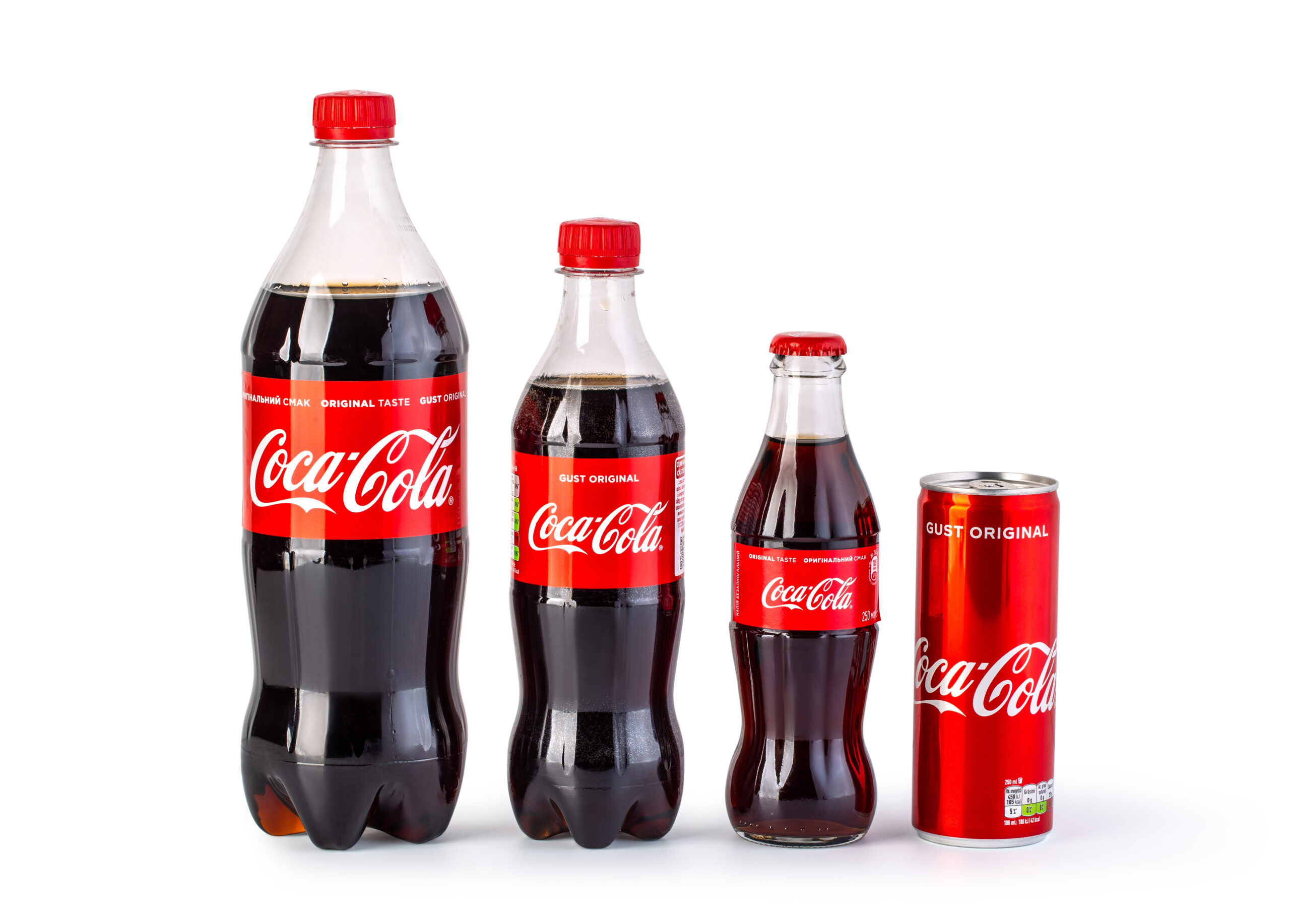 Chisinau, Moldova - April 26, 2020: Bottles and can Coca Cola on white background with clipping path