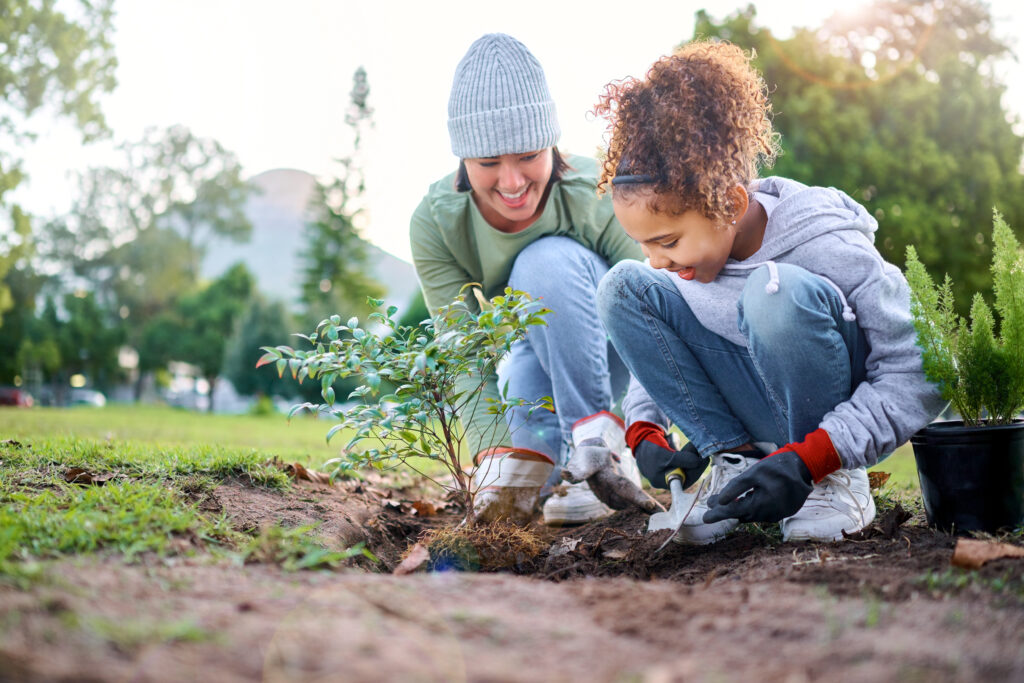 Volunteer, child and woman with plant for gardening in park with trees in nature environment. Happy family team helping and planting for growth, ecology and sustainability for community on Earth day.