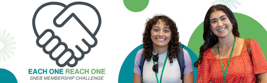Each One Reach One SNEB membership challenge with two woman smiling for the camera and modern shapes